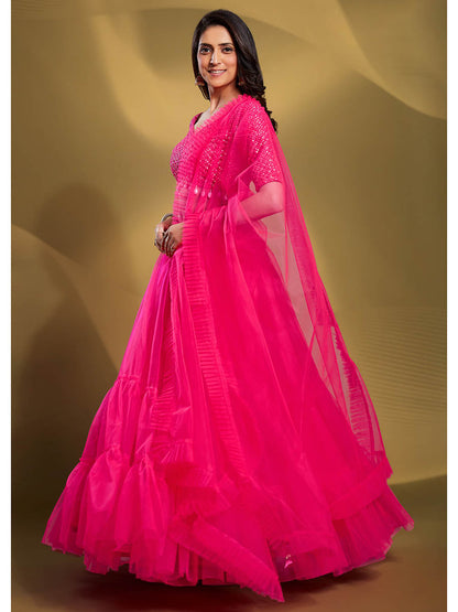 Myra Pink Soft Net Embroidered Designer Lehenga - Distacart