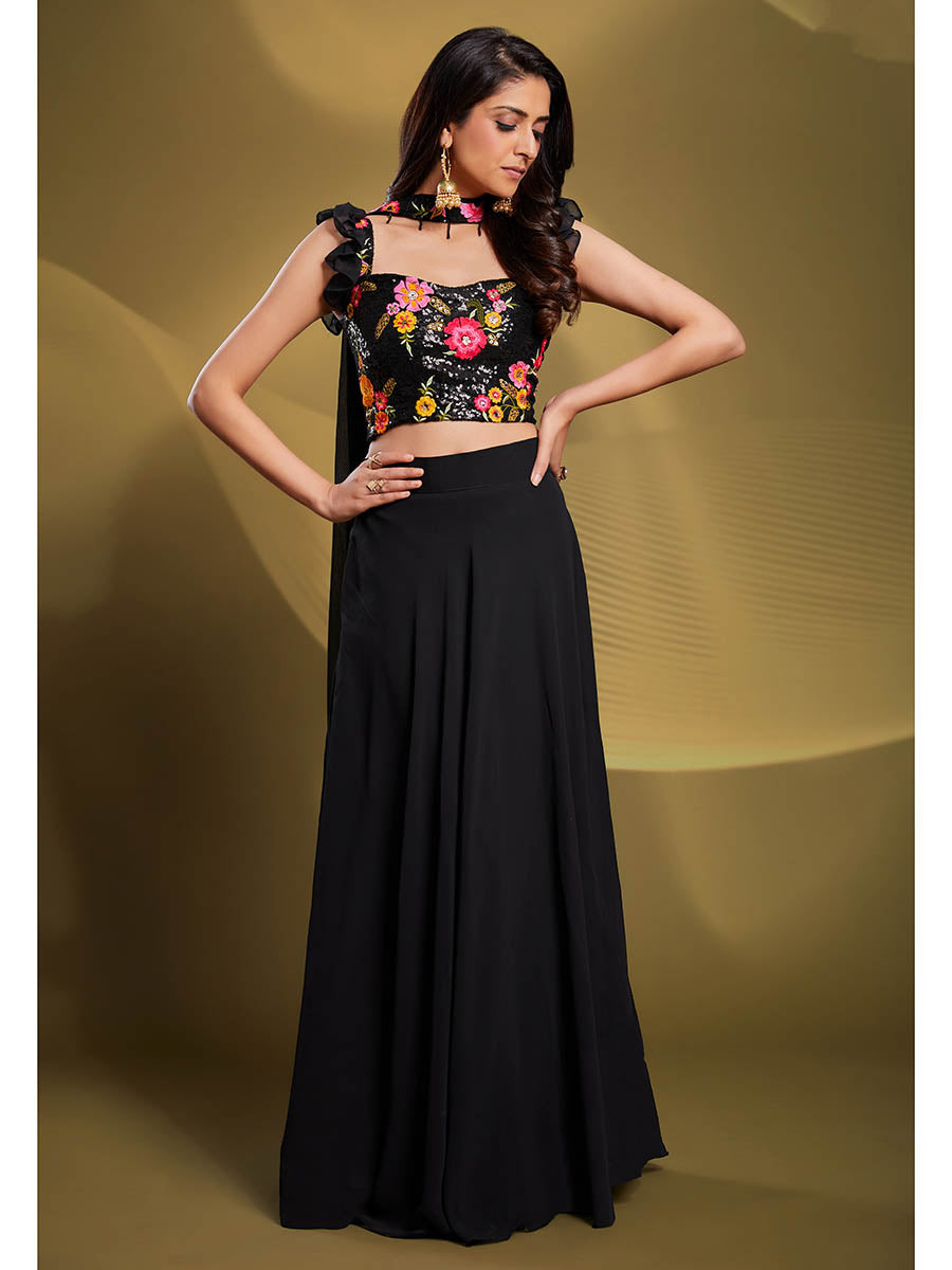 Myra Black Georgette Embroidered Designer Lehenga - Distacart