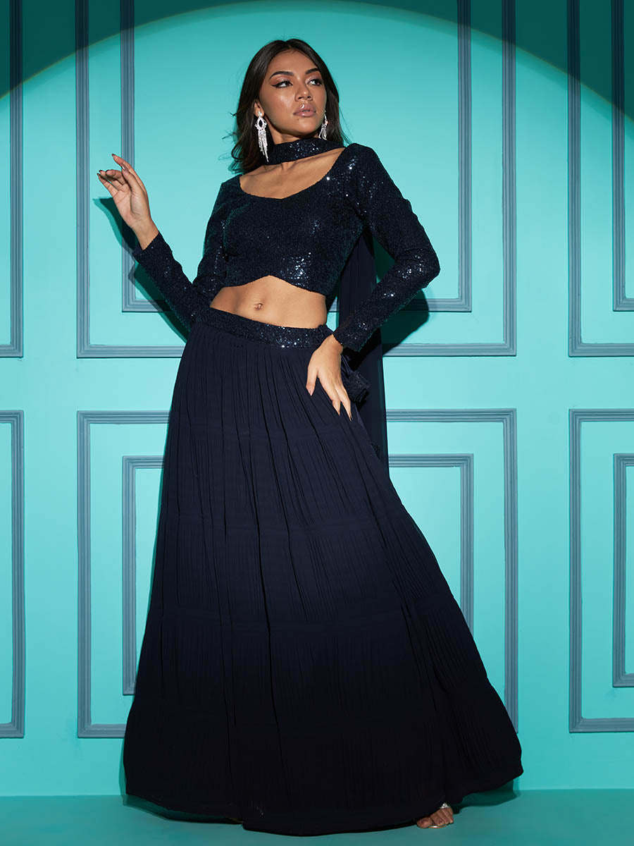 Myra Navy Blue Georgette Embroidered Designer Lehenga - Distacart