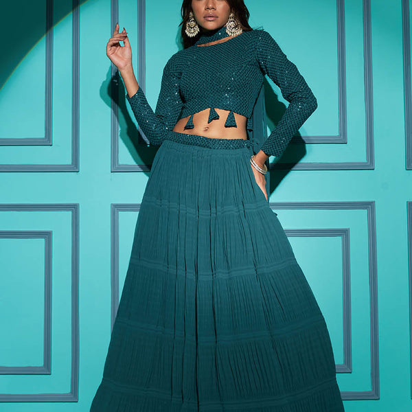 Myra Pista Green Georgette Embroidered Designer Lehenga - Distacart