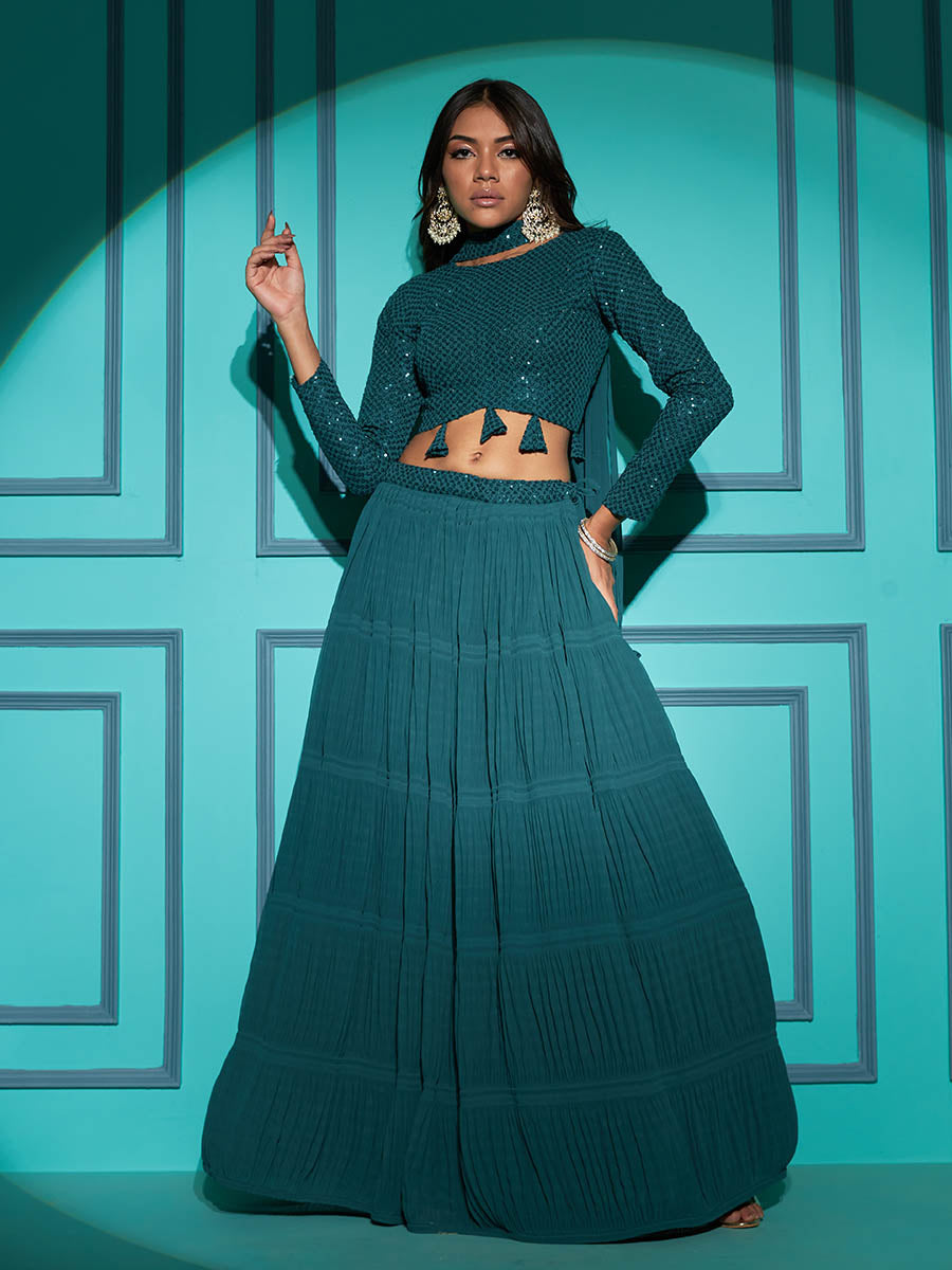 Myra Pista Green Georgette Embroidered Designer Lehenga - Distacart