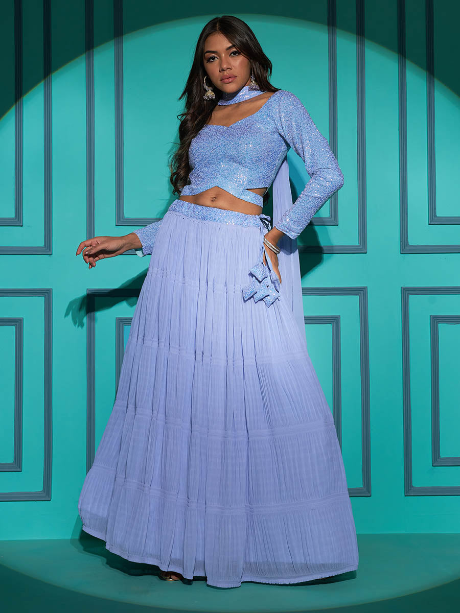 Myra Dusty Sky Georgette Embroidered Designer Lehenga - Distacart