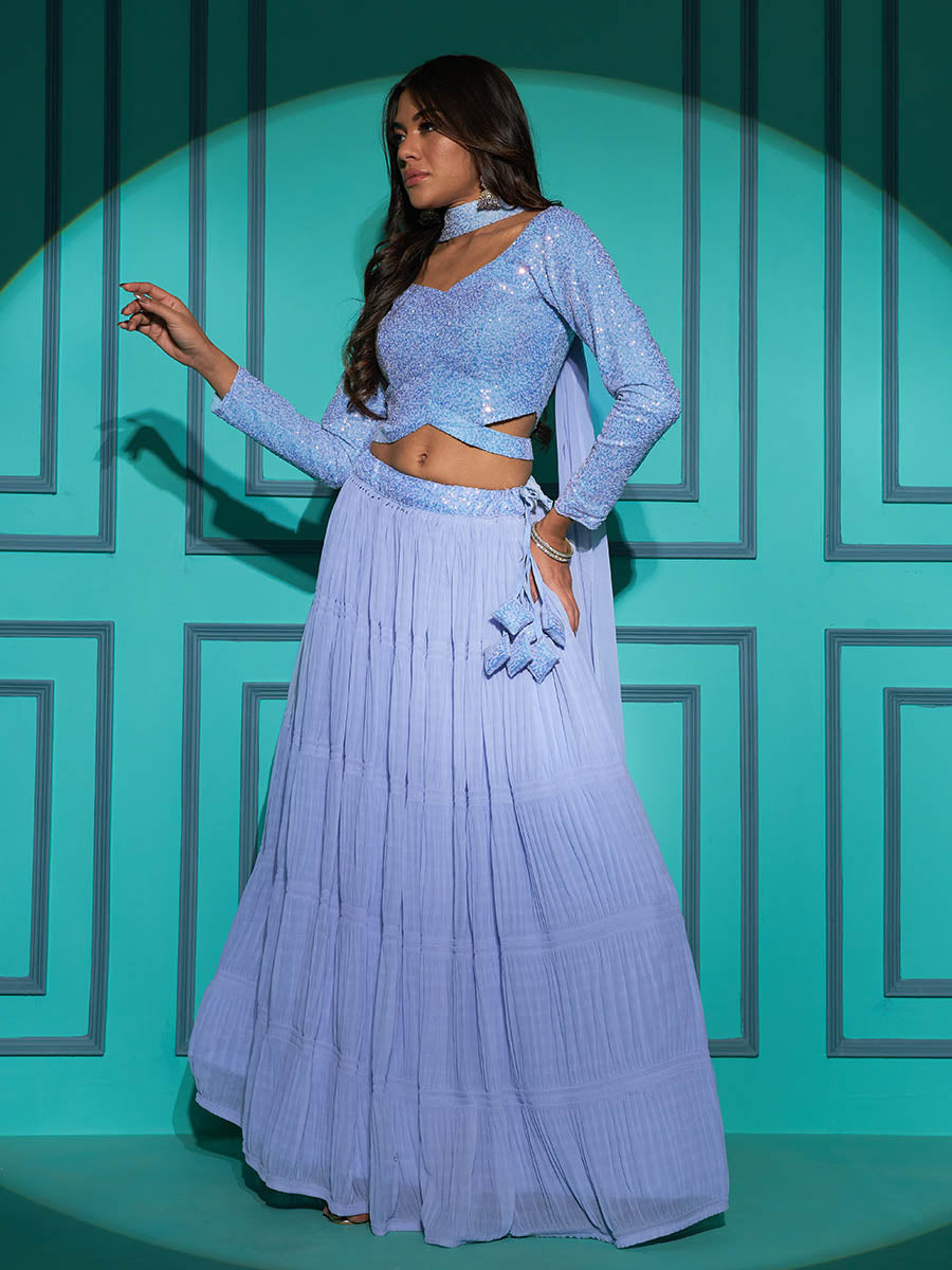 Myra Dusty Sky Georgette Embroidered Designer Lehenga - Distacart