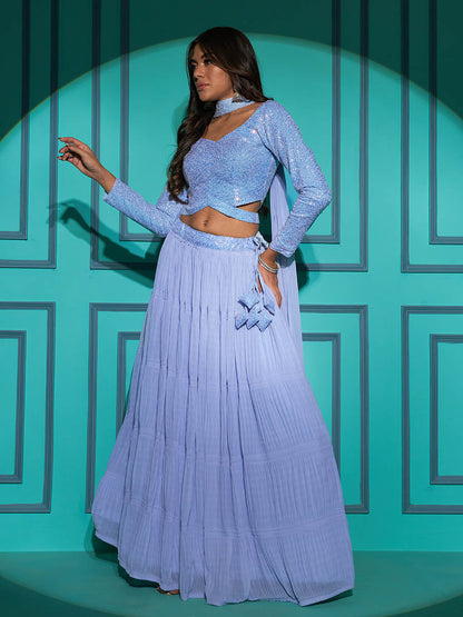 Myra Dusty Sky Georgette Embroidered Designer Lehenga - Distacart