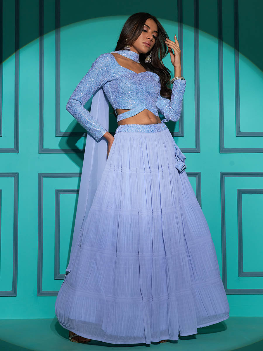 Myra Dusty Sky Georgette Embroidered Designer Lehenga - Distacart