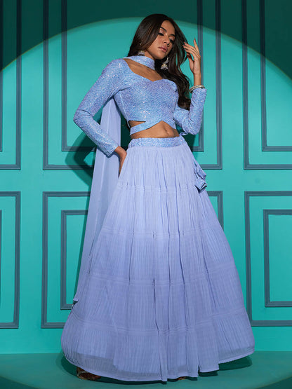 Myra Dusty Sky Georgette Embroidered Designer Lehenga - Distacart