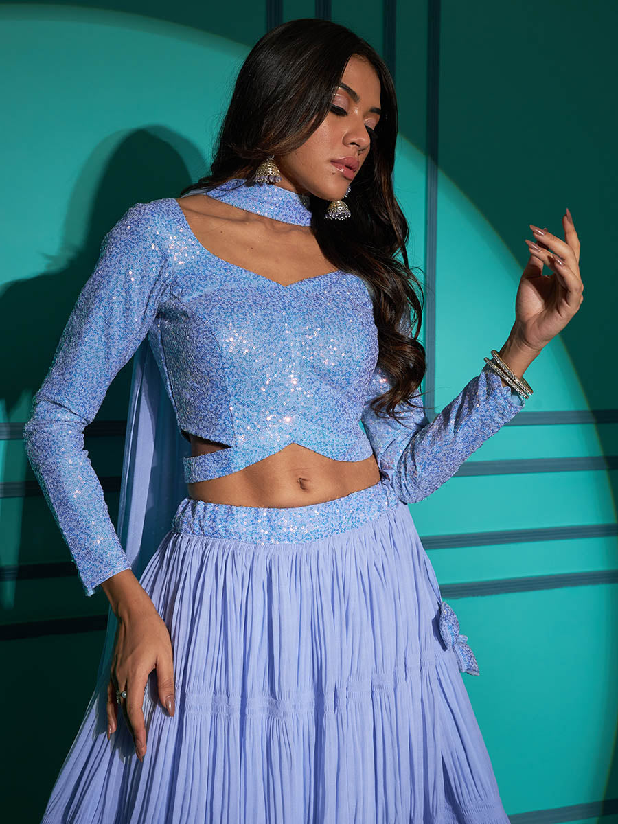 Myra Dusty Sky Georgette Embroidered Designer Lehenga - Distacart