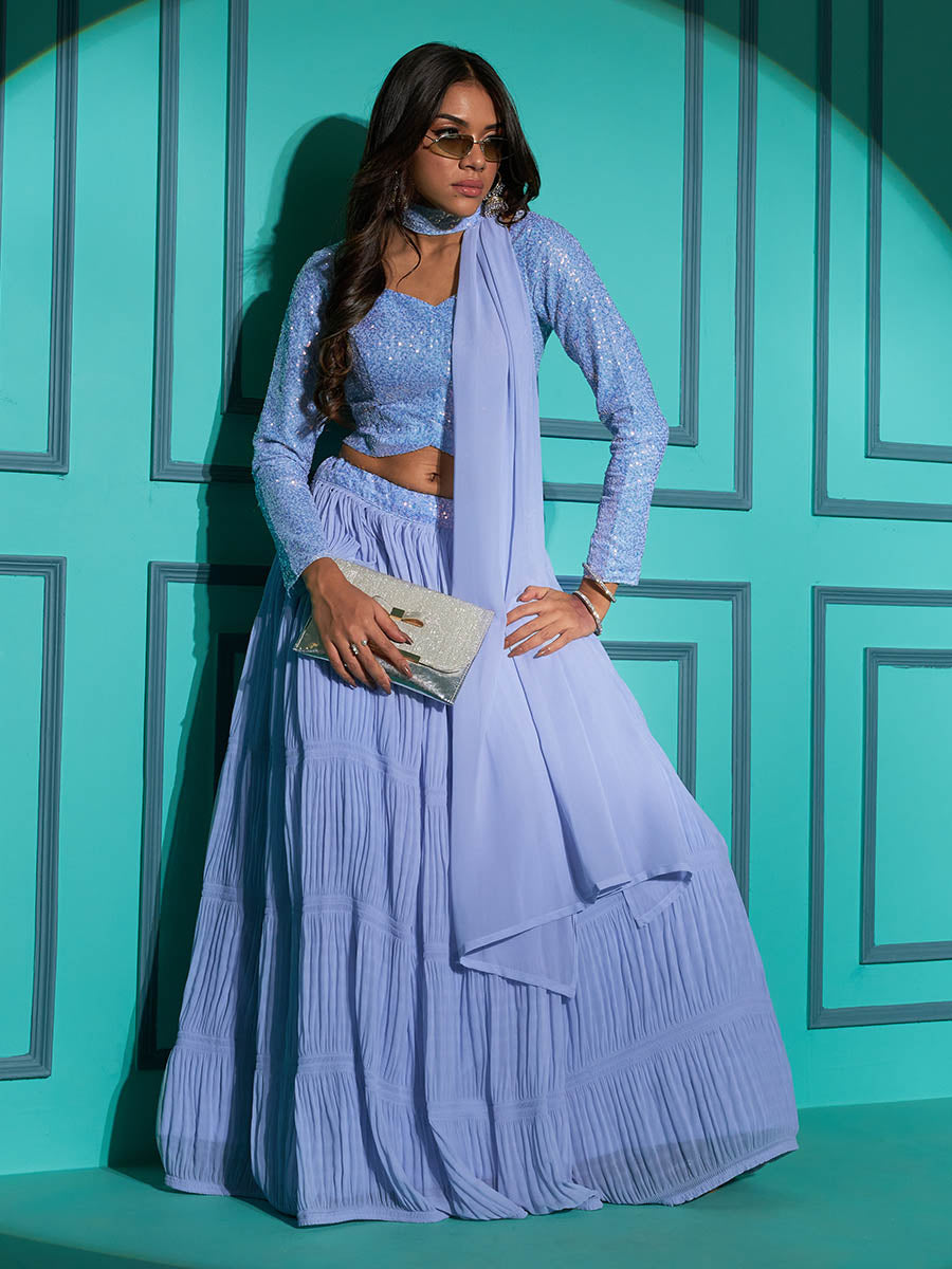 Myra Dusty Sky Georgette Embroidered Designer Lehenga - Distacart