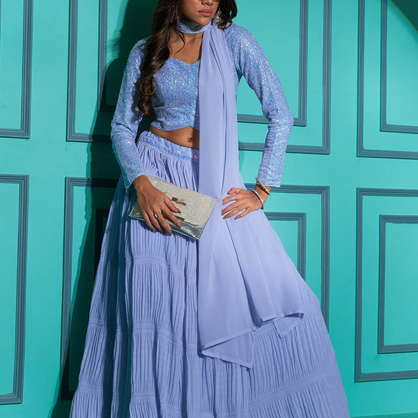 Myra Dusty Sky Georgette Embroidered Designer Lehenga - Distacart