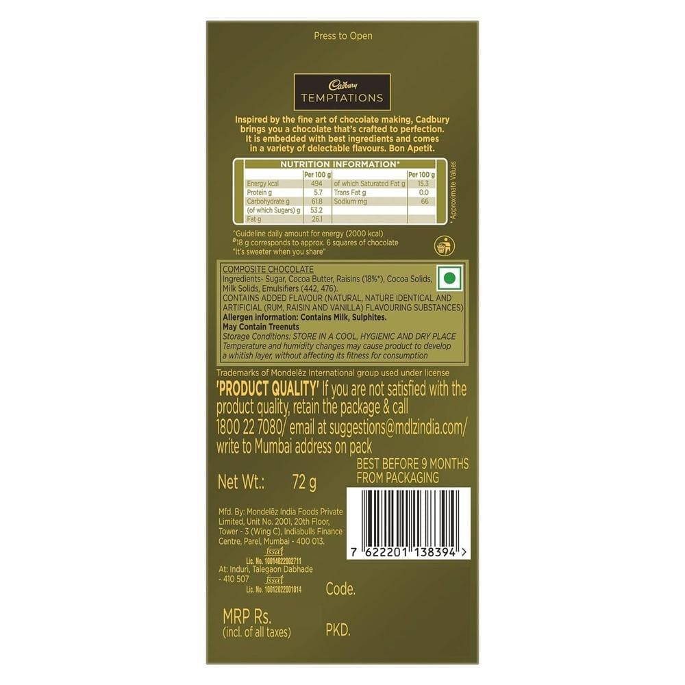 Cadbury Temptation Rum and Raisin Chocolate, 72 g