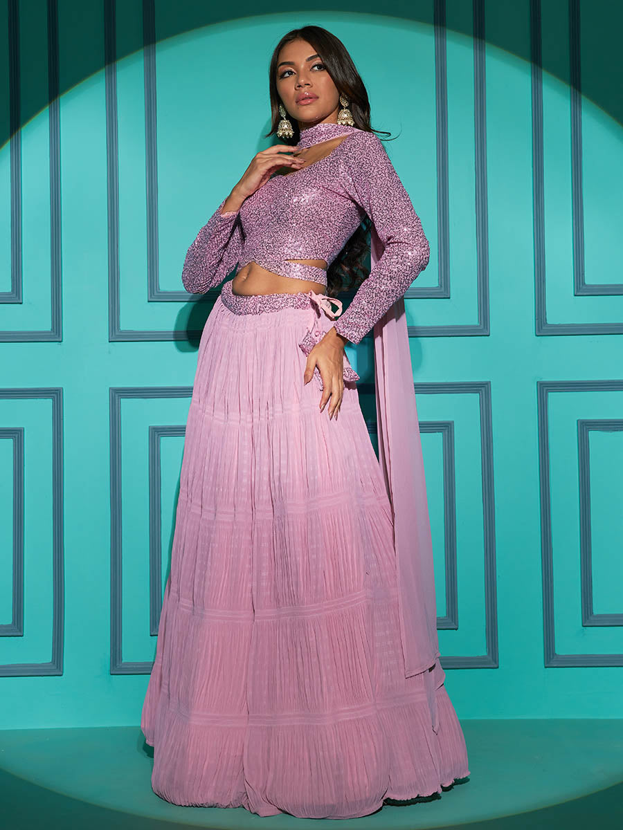 Myra Dusty Pink Georgette Embroidered Designer Lehenga - Distacart