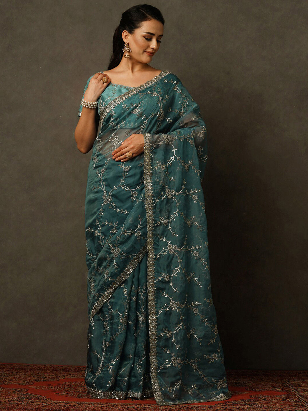 Mitera Floral Embroidered Sequinned Organza Saree - Distacart