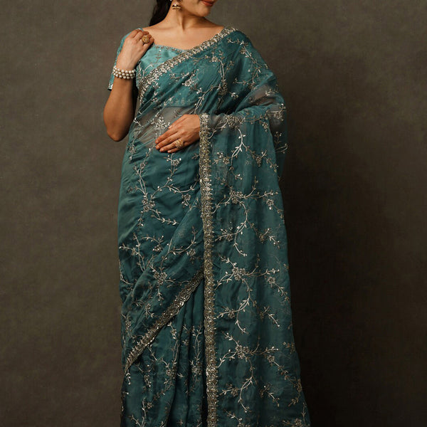 Mitera Floral Embroidered Sequinned Organza Saree - Distacart