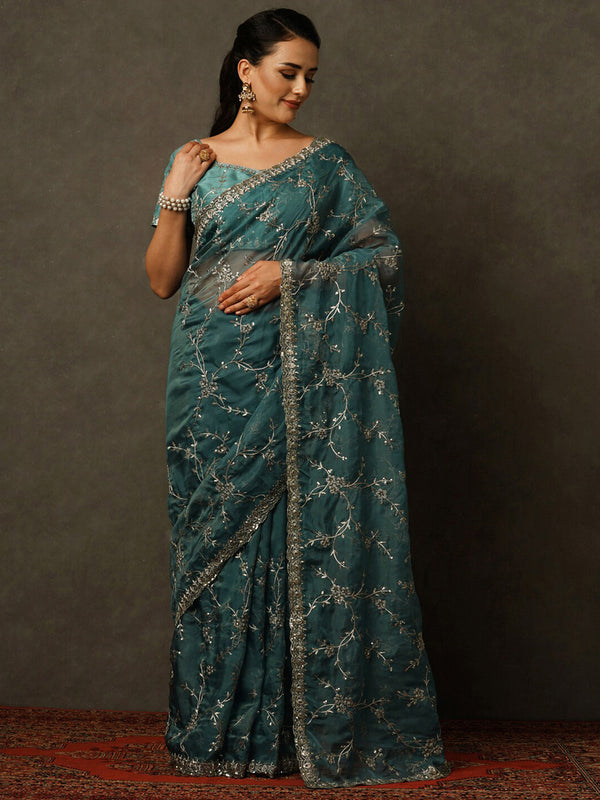 Mitera Floral Embroidered Sequinned Organza Saree - Distacart