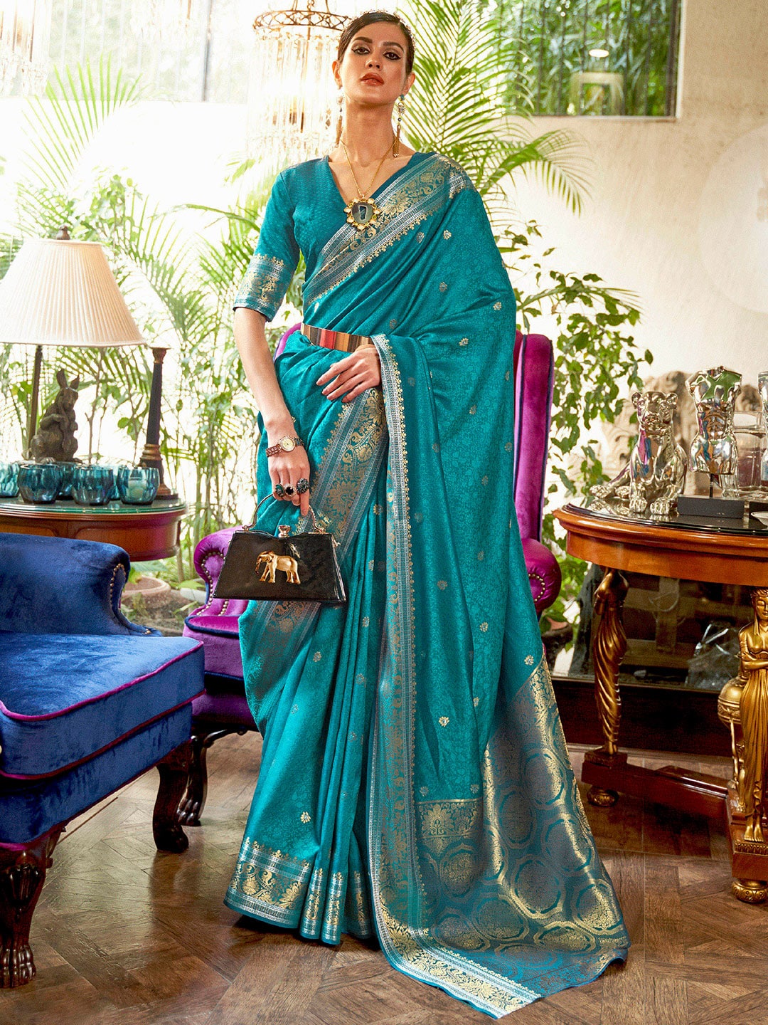 Mitera Teal & Gold-Toned Woven Design Silk Blend Saree - Distacart