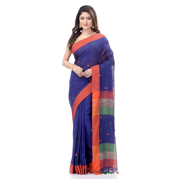 Desh Bidesh Women's Traditional Bengali Tant Handloom Cotton Saree With Blouse Piece (Blue Orange) - Distacart