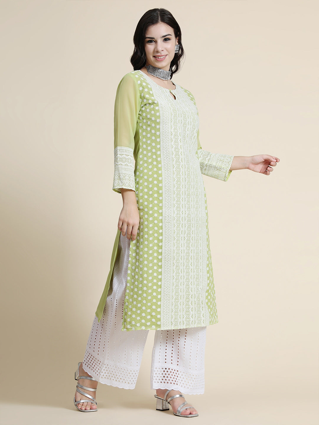 Kalini Women Green Geometric Embroidered Keyhole Neck Thread Work Floral Georgette Kurta - Distacart