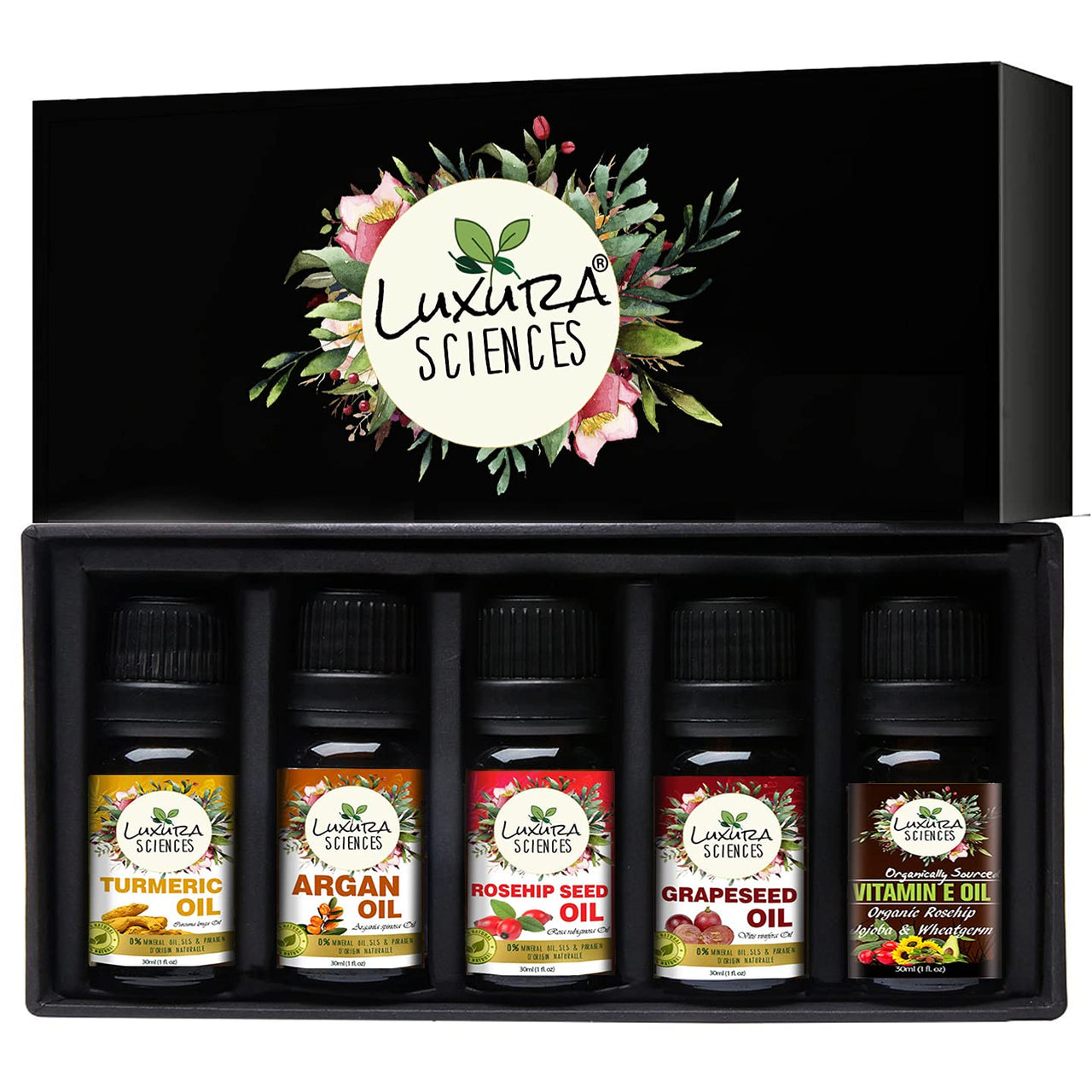 Luxura Sciences Organic Essential Oils for Skin Brightening & Tightening - Rosehip Oil, Argan Oil, Grape Seed Oil, Turmeric Oil, Vitamin E Oil - Distacart