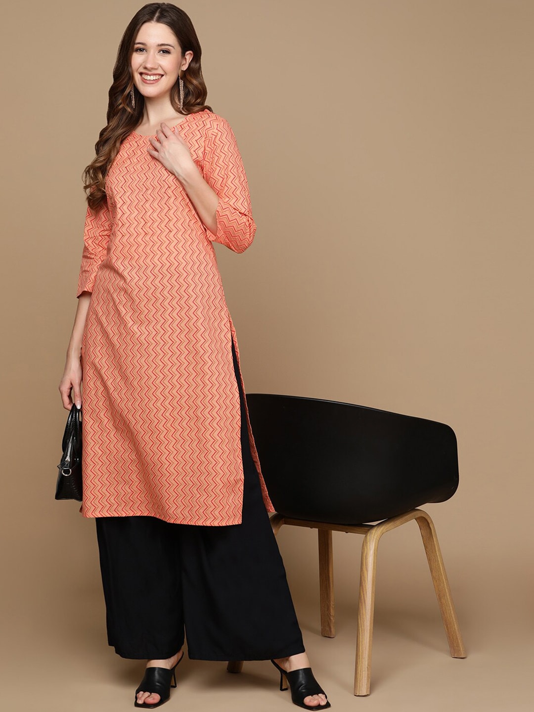 HERE&NOW Peach-Color & Red Chevron Printed Beads Pure Cotton Kurta - Distacart