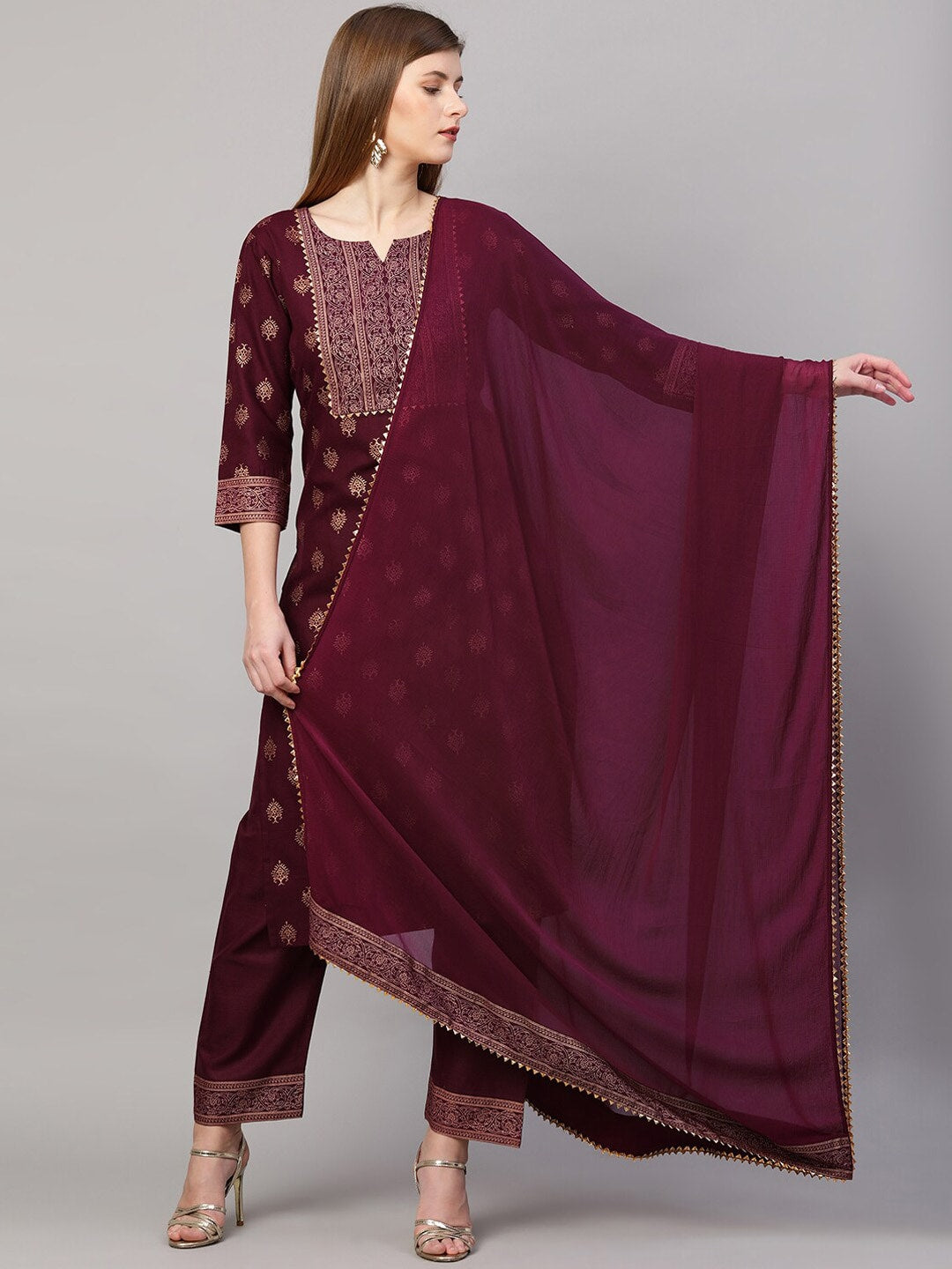 Kalini Women Maroon Ethnic Motifs Printed Kurta with Palazzo & Dupatta - Distacart