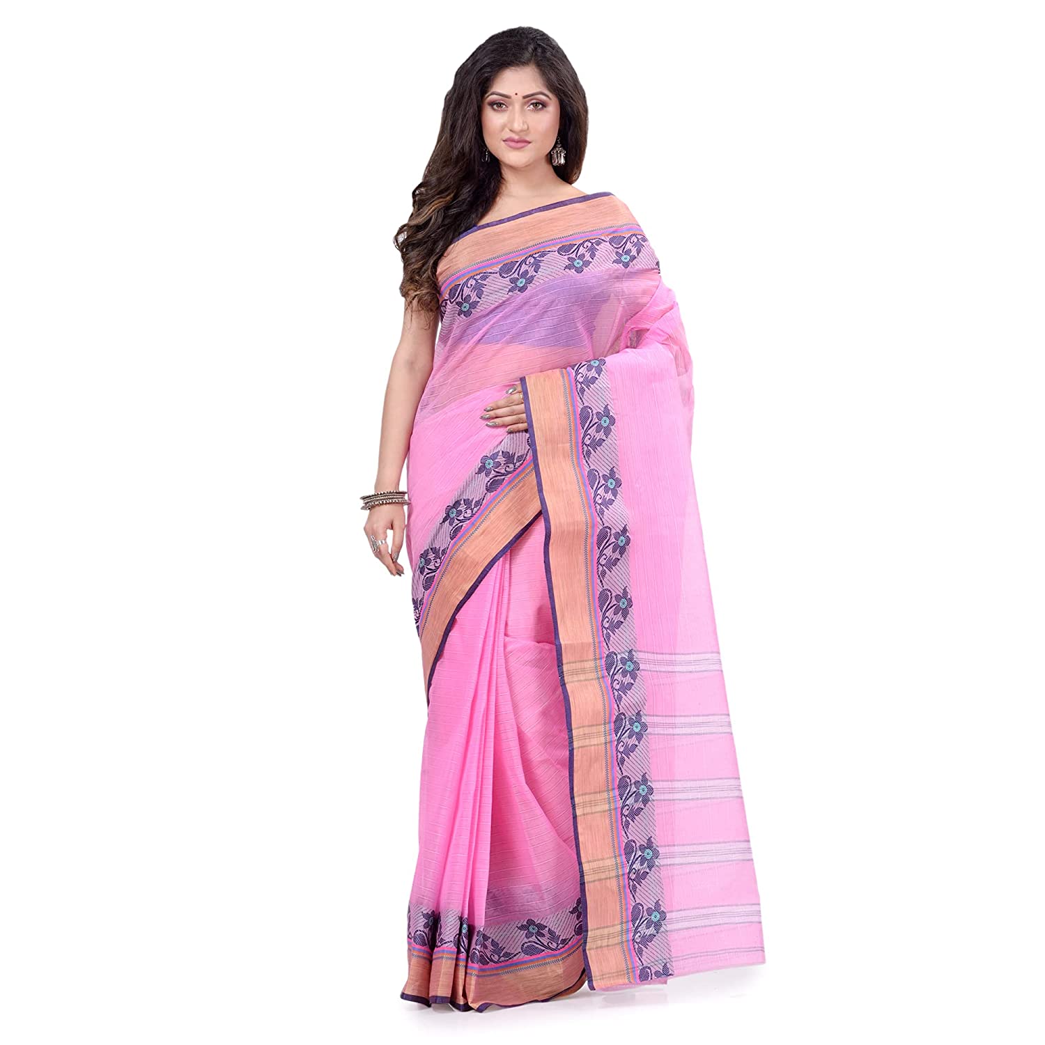 Desh Bidesh Women's Traditional Bengal Tant Pure Handloom Cotton Saree Pushpolata Woven Design Without Blouse - Distacart