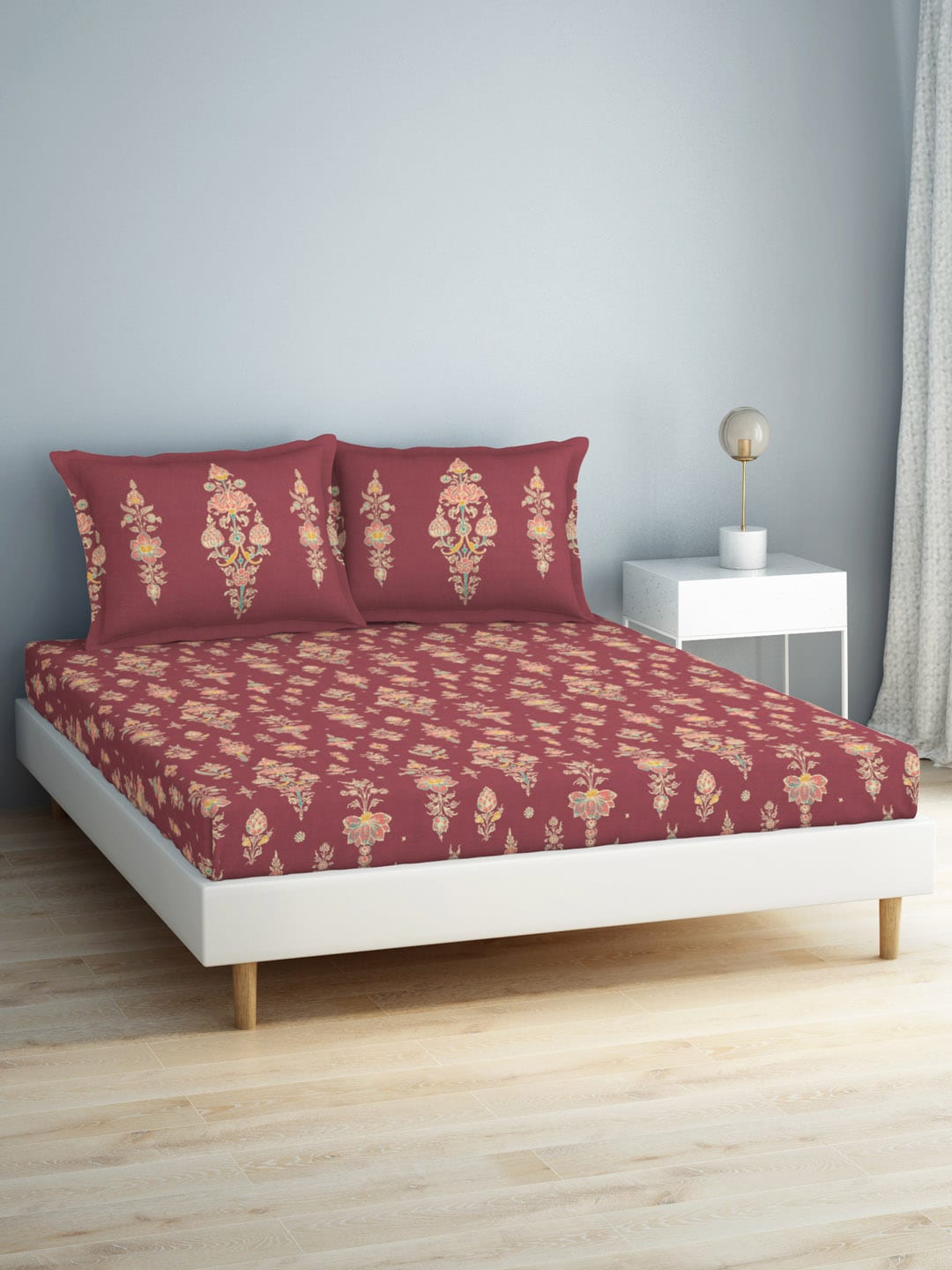 SPACES Aurum Red Ethnic Motifs Pure Cotton 140 TC Queen Bedsheet with 2 Pillow Covers - Distacart