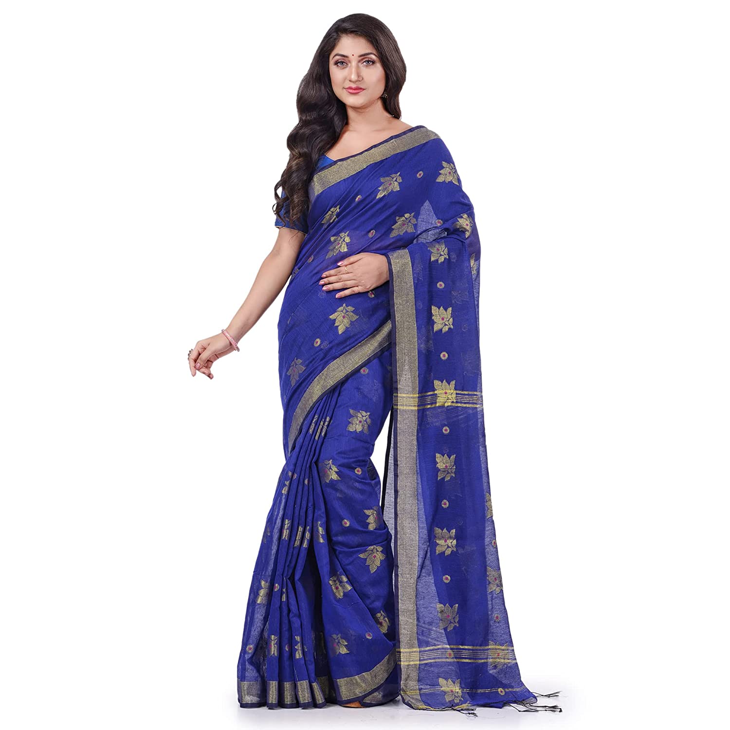 Desh Bidesh Women's Tant Silk Handloom Cotton Saree Rose Work With Blouse Piece - Distacart