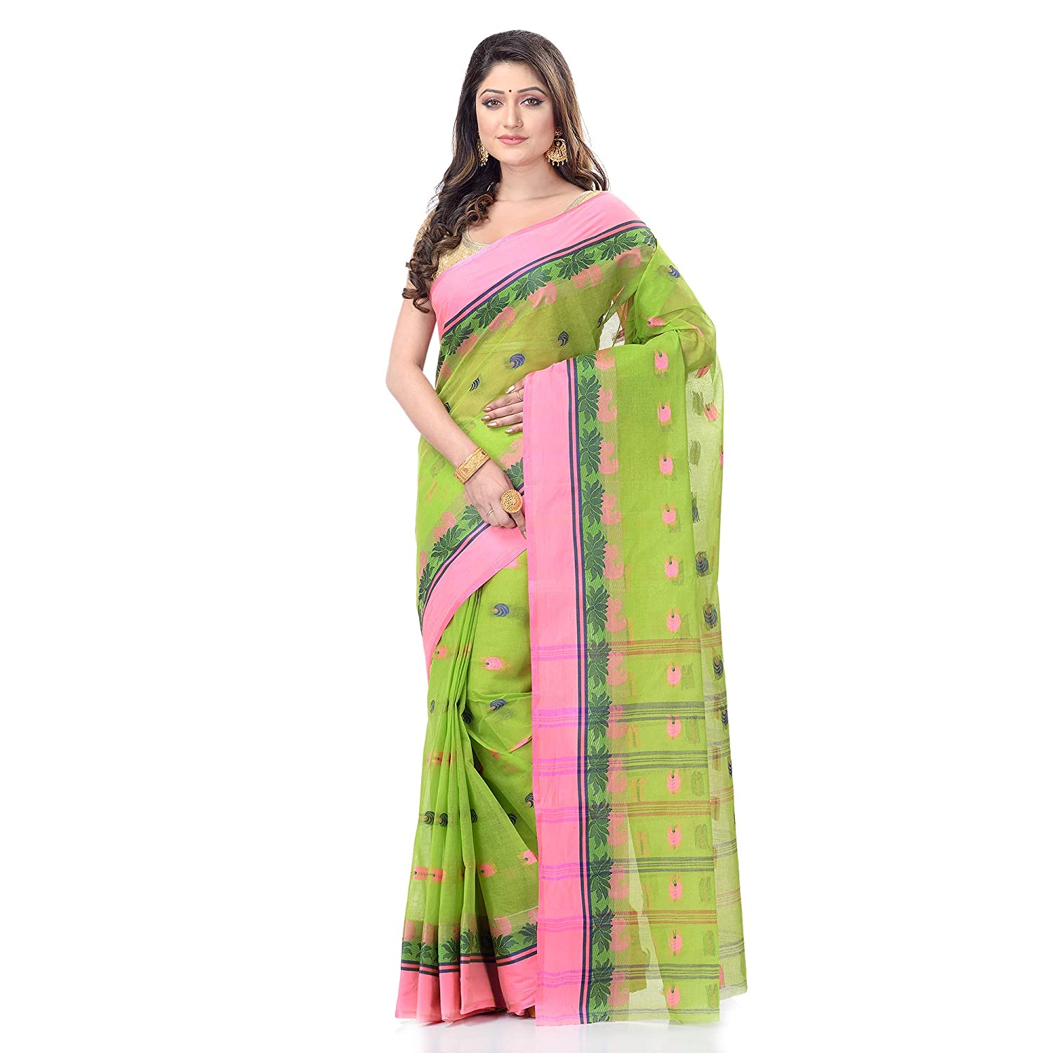 Desh Bidesh Women's Traditional Bengal Tant Woven Lotus Kolka Design Pure Cotton Handloom Saree Without Blouse Piece - Distacart