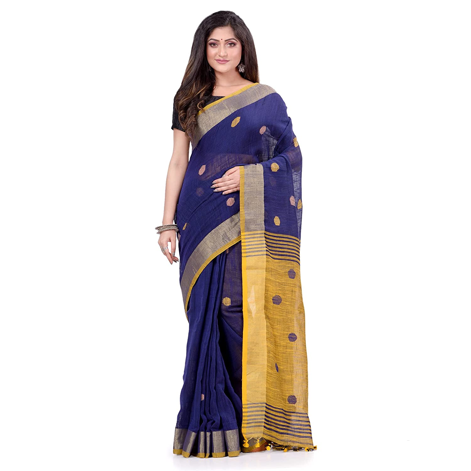 Desh Bidesh Women's Pure Cotton Traditional Bengali Tant Handloom Cotton Saree Round Designed With Blouse Piece - Distacart