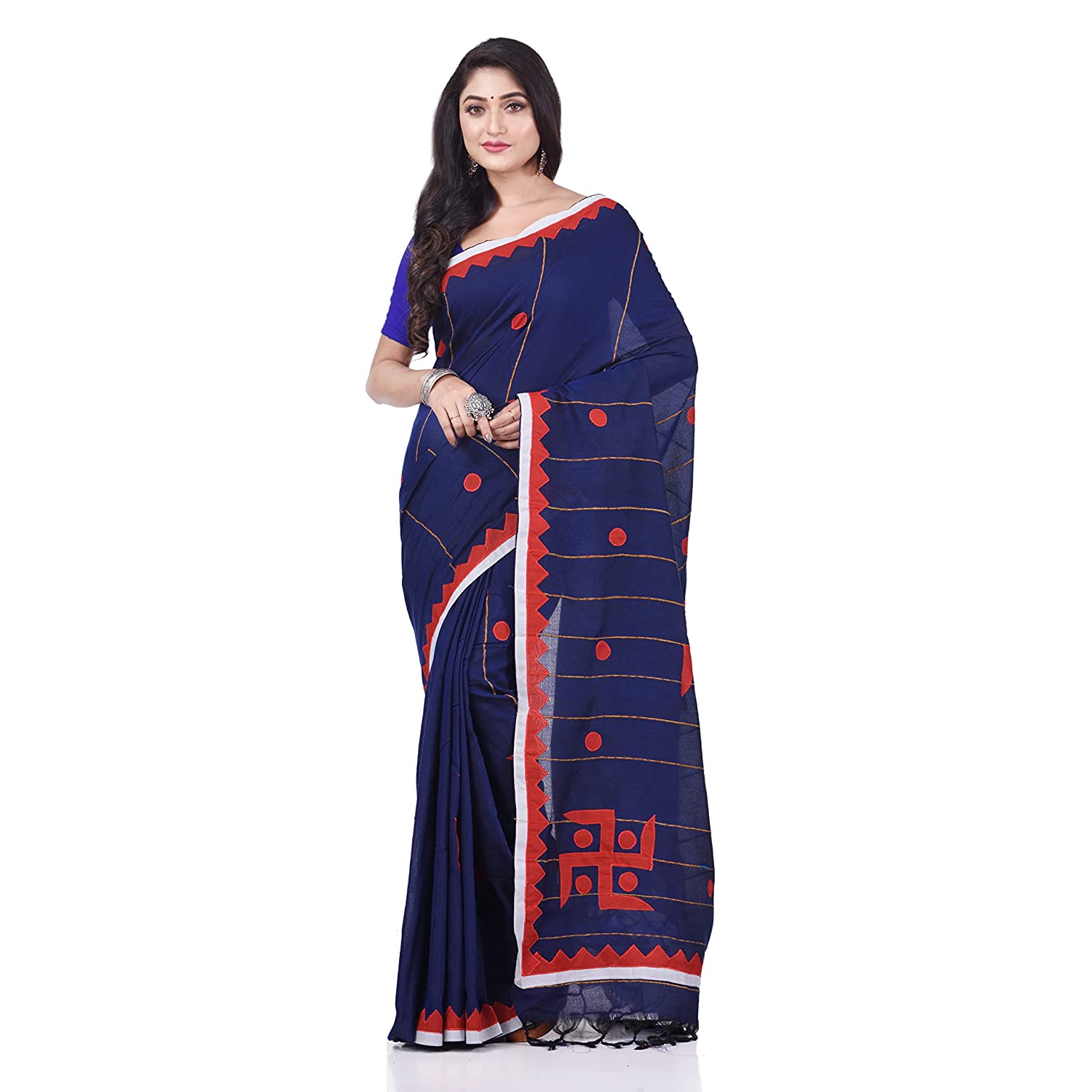 Desh Bidesh Women's Bengali Khesh Pure Cotton Handloom Saree Swastik Designed With Blouse Piece - Distacart