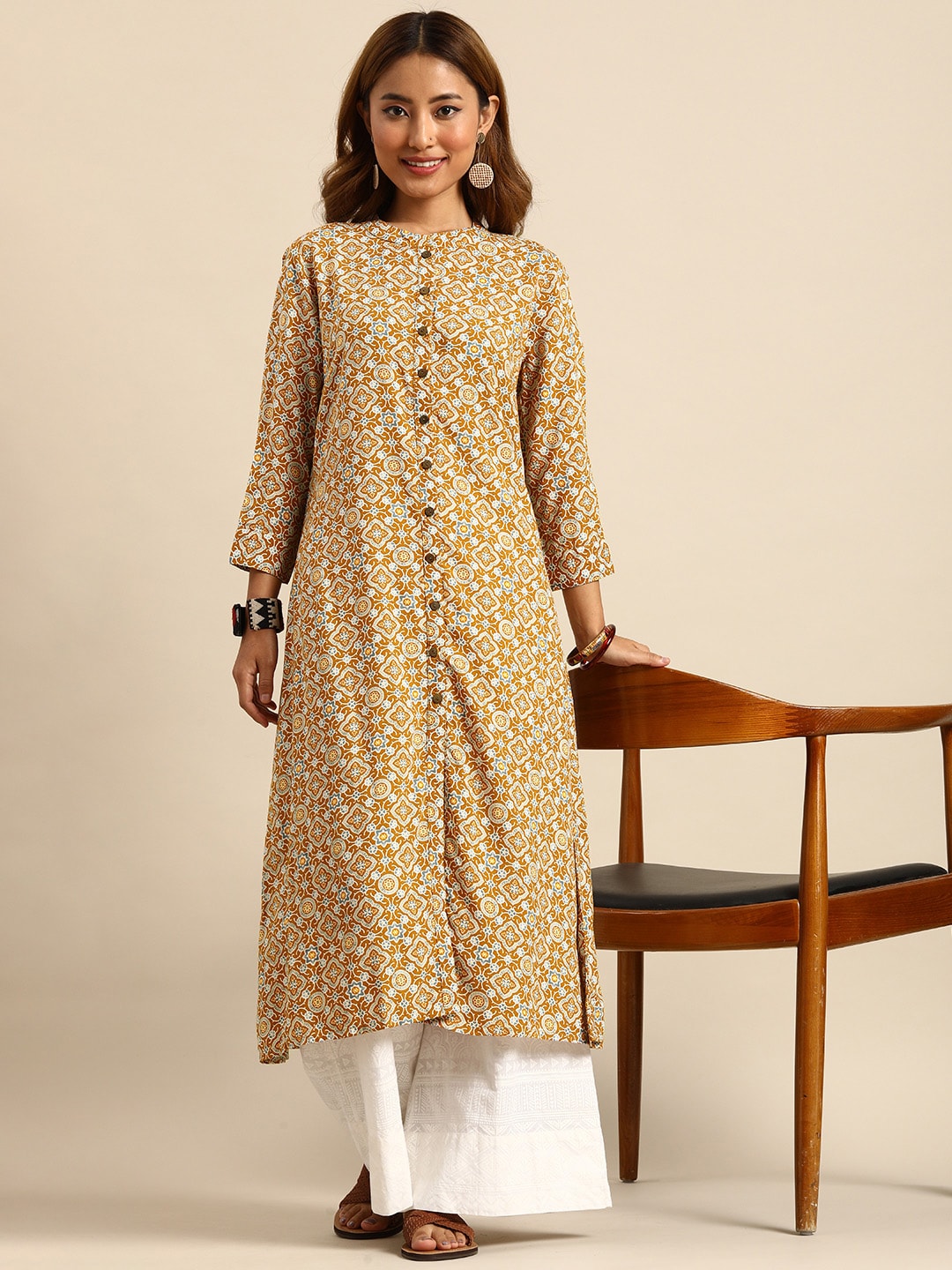 Sangria Women Mustard Yellow & Blue Printed Kurta - Distacart