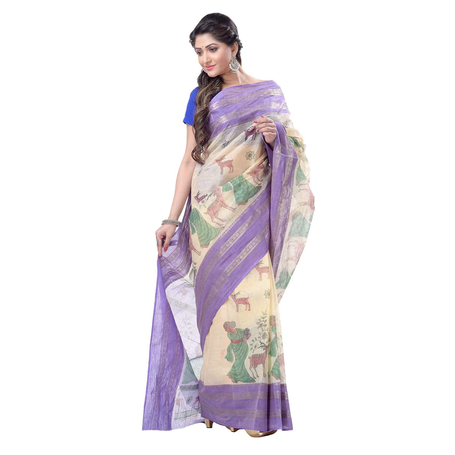Desh Bidesh Women's Shakuntala Design Printed Tant Handloom Pure Cotton Saree Without Blouse Piece - Distacart