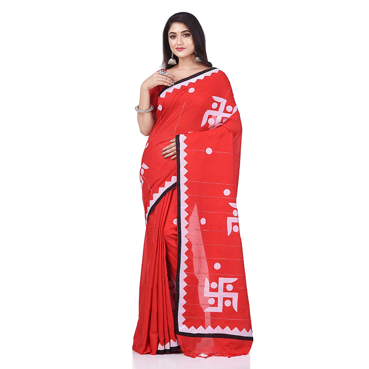 Desh Bidesh Women's Bengali Khesh Pure Cotton Handloom Saree Swastik Designed With Blouse Piece - Distacart