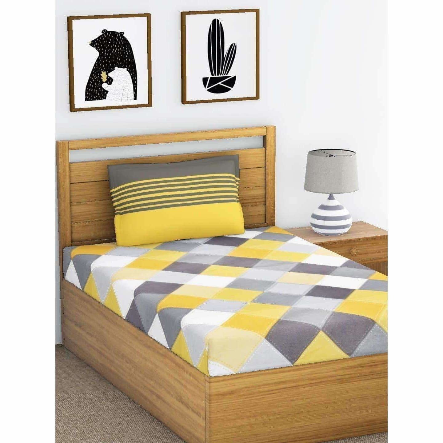 Cotton Double Bedsheet with 2 Pillow Covers - Yellow and Grey - Distacart