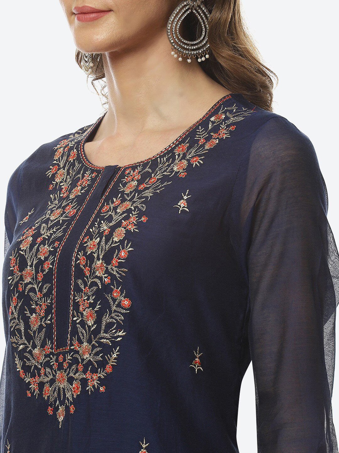 Biba Women Navy Blue Floral Embroidered Kurta with Trousers & With Dupatta - Distacart