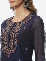 Thumbnail for Biba Women Navy Blue Floral Embroidered Kurta with Trousers & With Dupatta - Distacart
