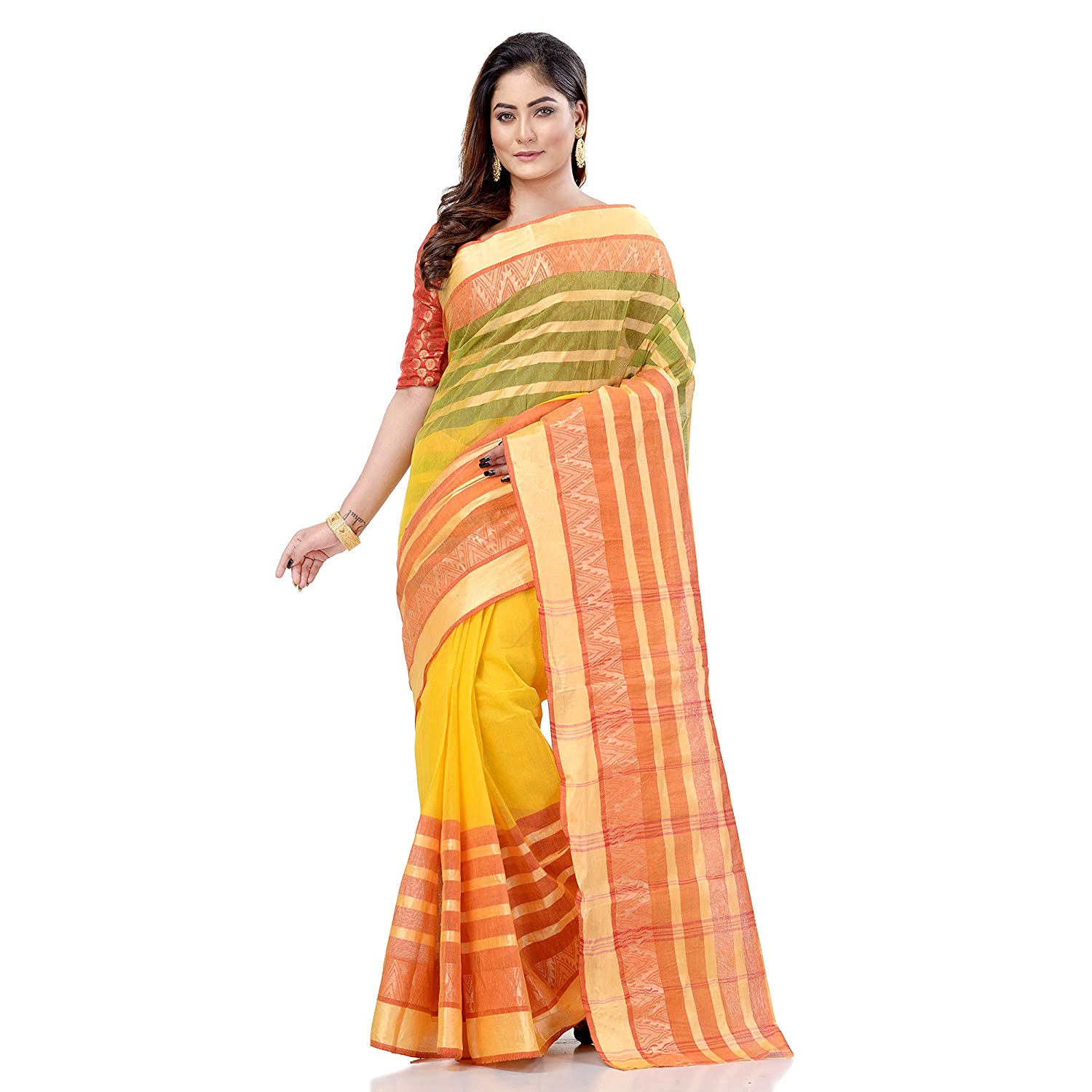 Desh Bidesh Women's Traditional Bengal Tant 3D Temple Design Handloom Pure Cotton Saree Without Blouse Piece - Distacart