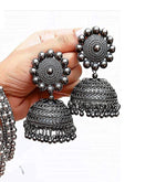 Thumbnail for Rhodium-Plated Alloy Black Metallic Jhumki Earrings - The Pari - Distacart