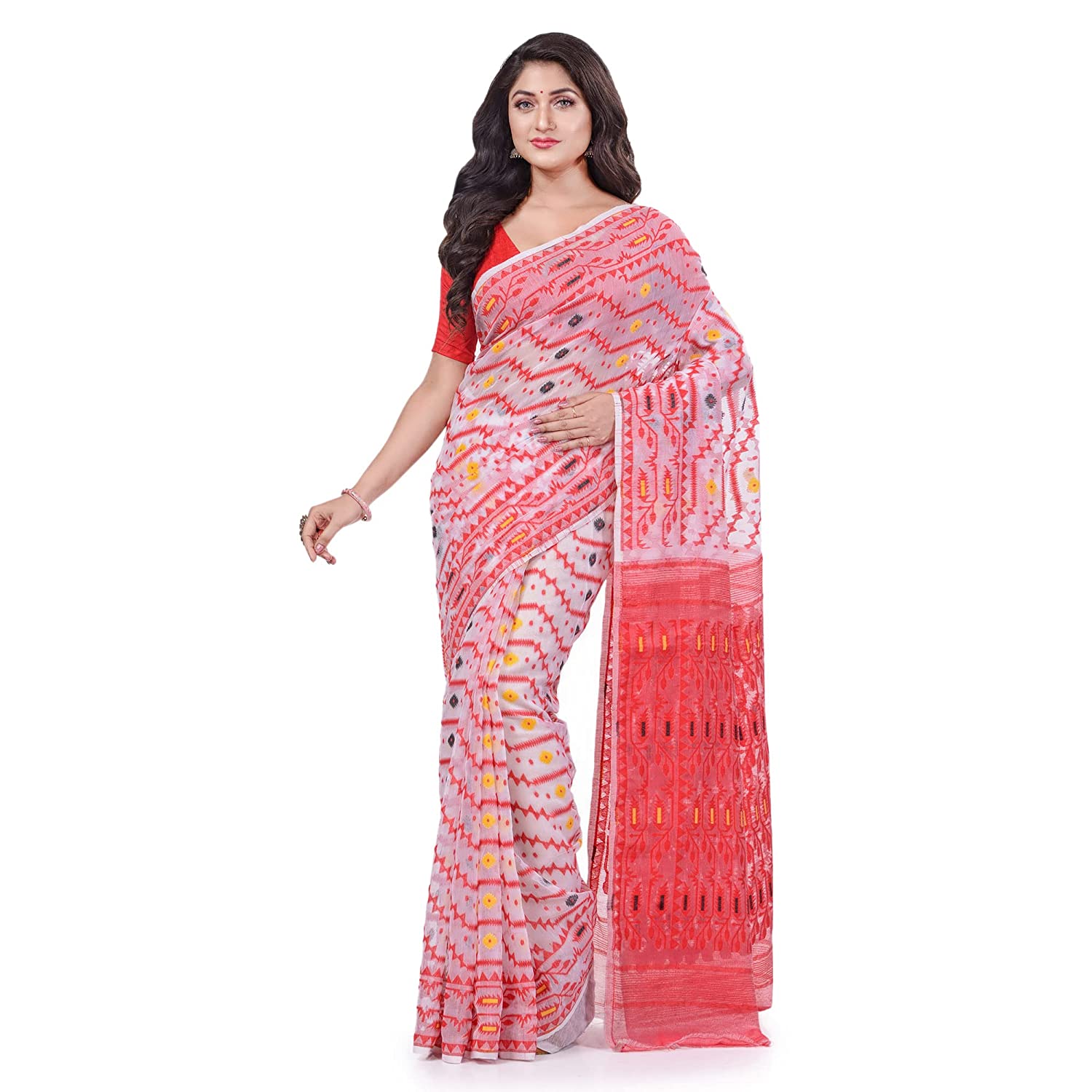 Desh Bidesh Women's Nakshakata Dhakai Jamdani Bengal Pure Handloom Cotton Saree Whole Body Design Without Blouse Piece - Distacart