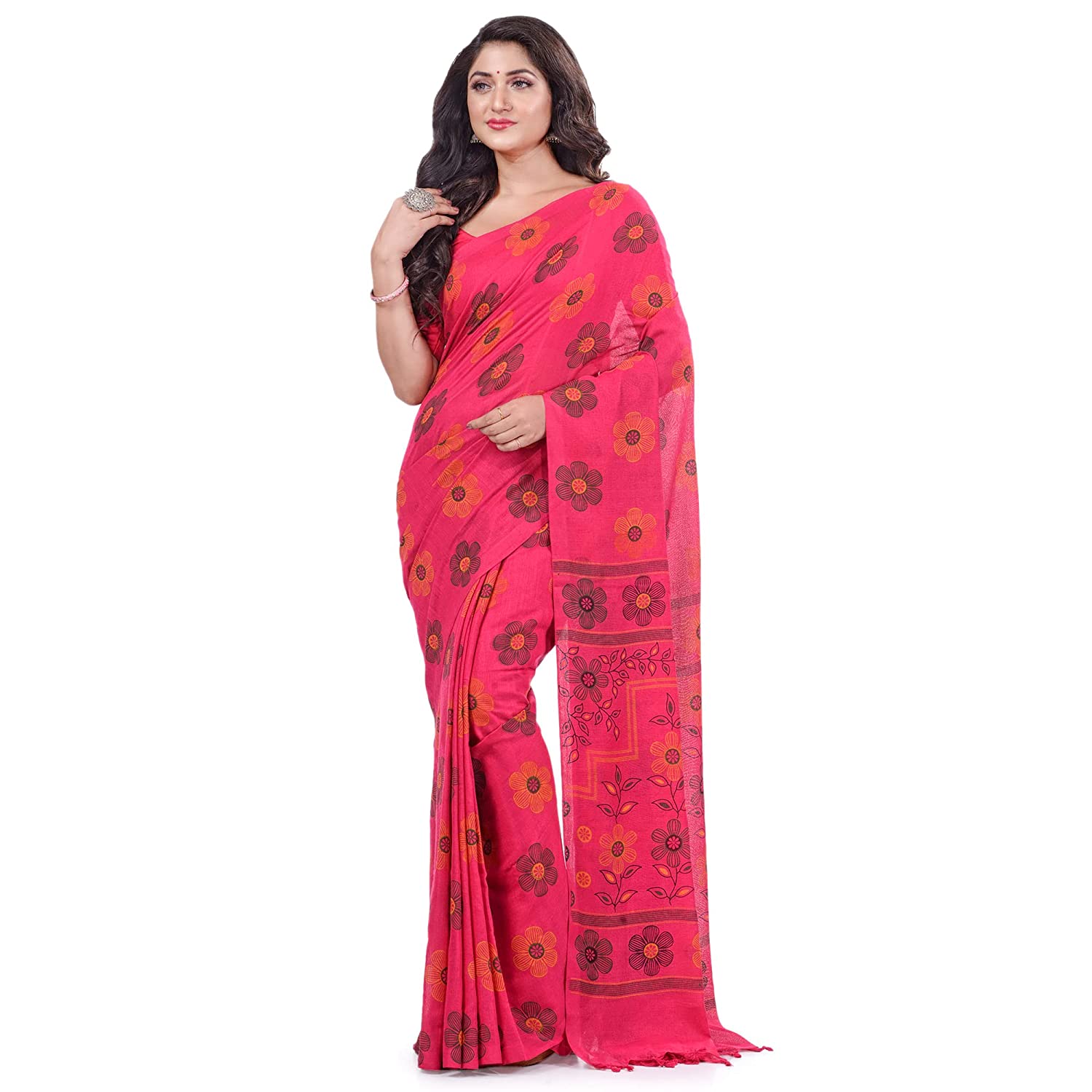 Desh Bidesh Women's Pure Cotton Flower Printed Designer Handloom Saree With Blouse Piece - Distacart