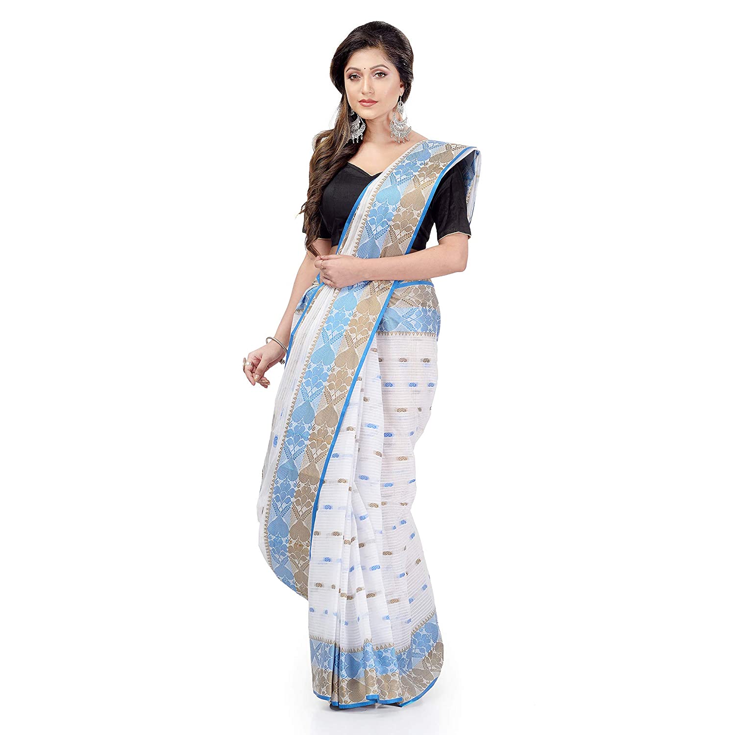 Desh Bidesh Women Pure Cotton Traditional Handloom Bengal Tant Saree Noyonchuri Design Without Blouse Piece (White Skyblue Brown) - Distacart