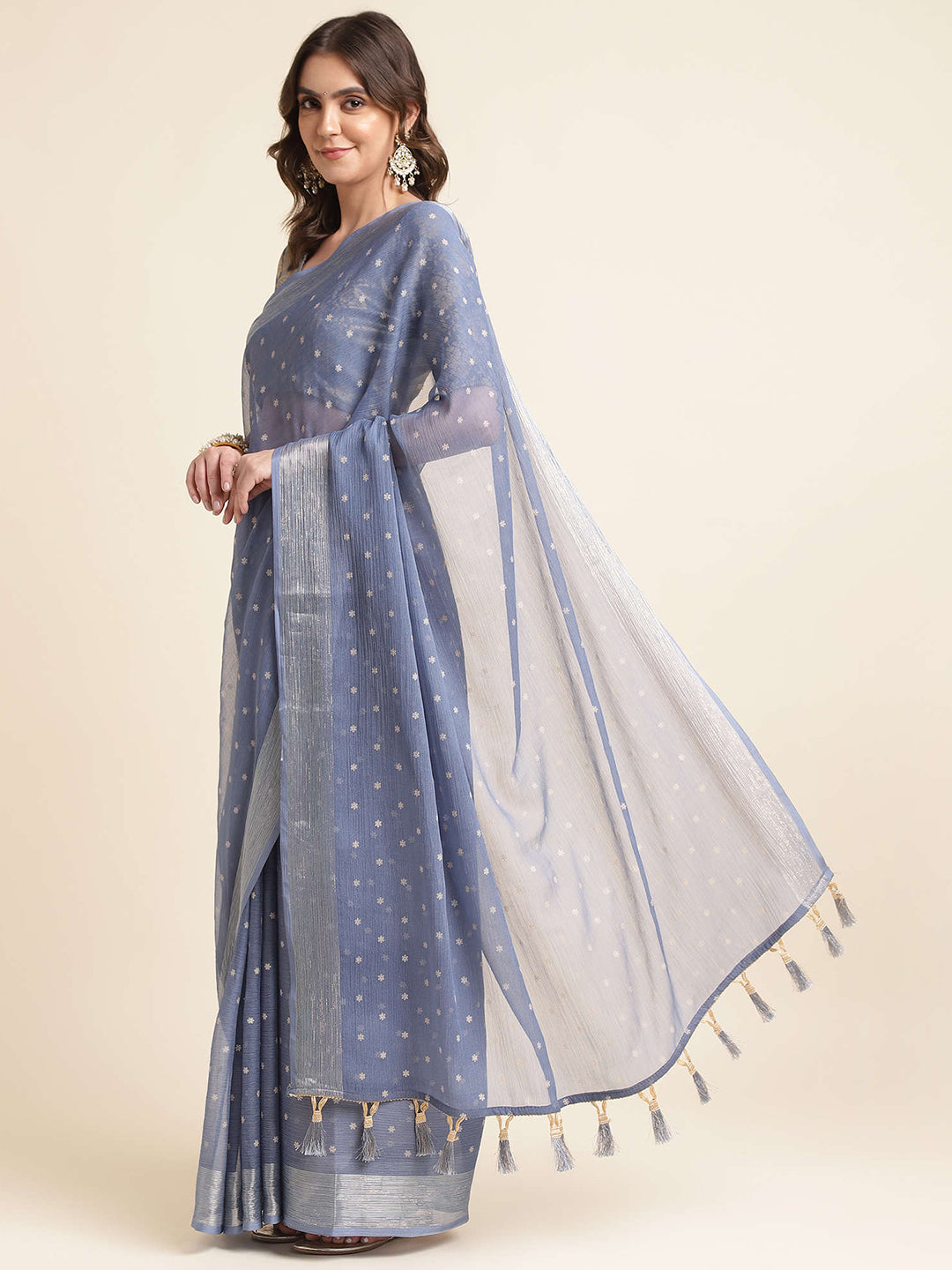 Mitera Grey & Silver-Toned Ethnic Motifs Woven Design Zari Pure Chiffon Saree - Distacart