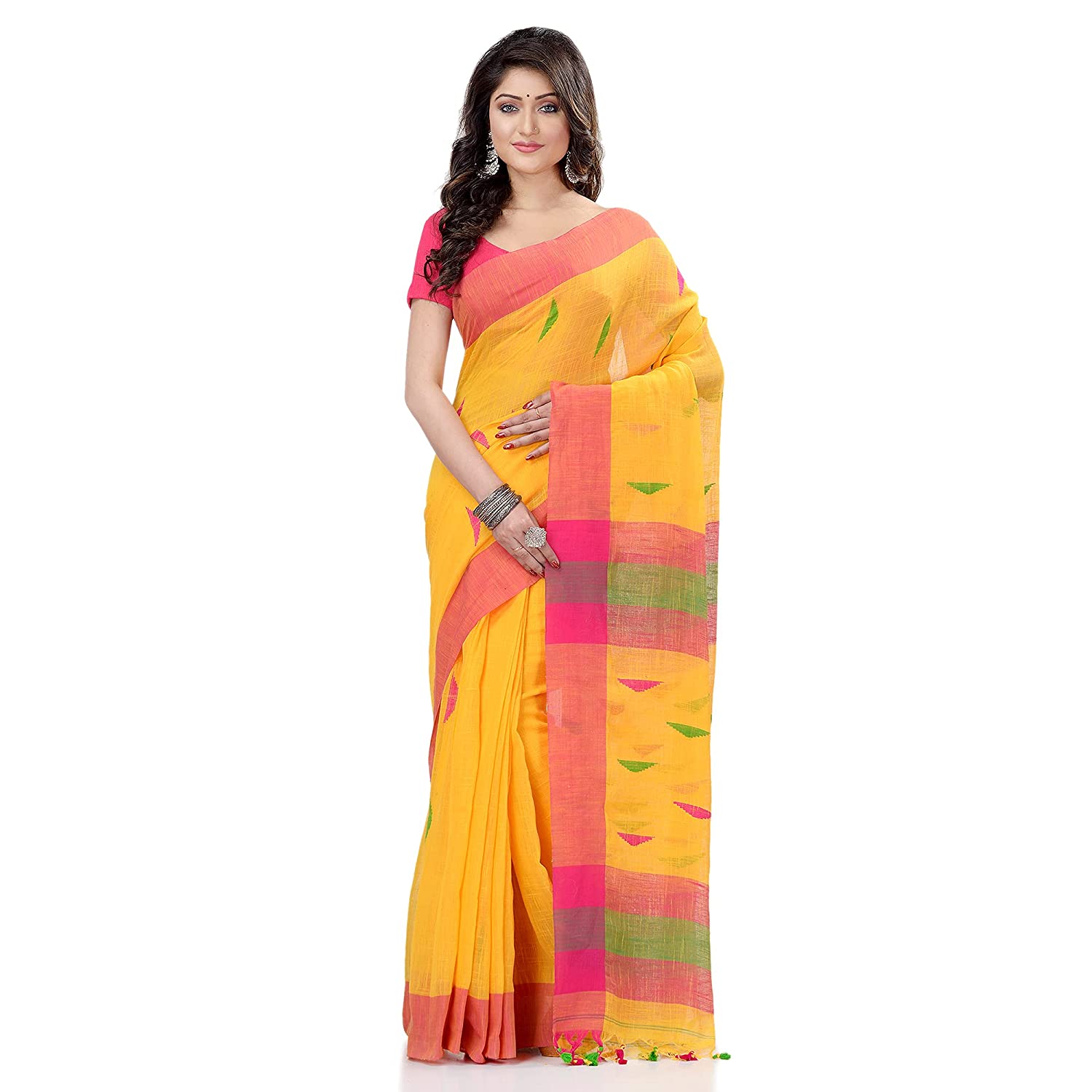Desh Bidesh Women's Traditional Bengali Tant Handloom Cotton Saree Prism Designed With Blouse Piece - Distacart