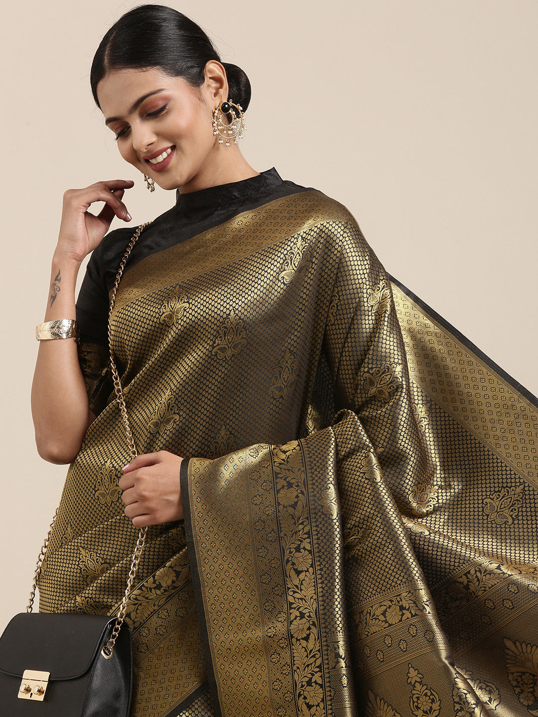 Saree Mall Black & Gold-Toned Ethnic Motifs Zari Silk Blend Banarasi Saree - Distacart