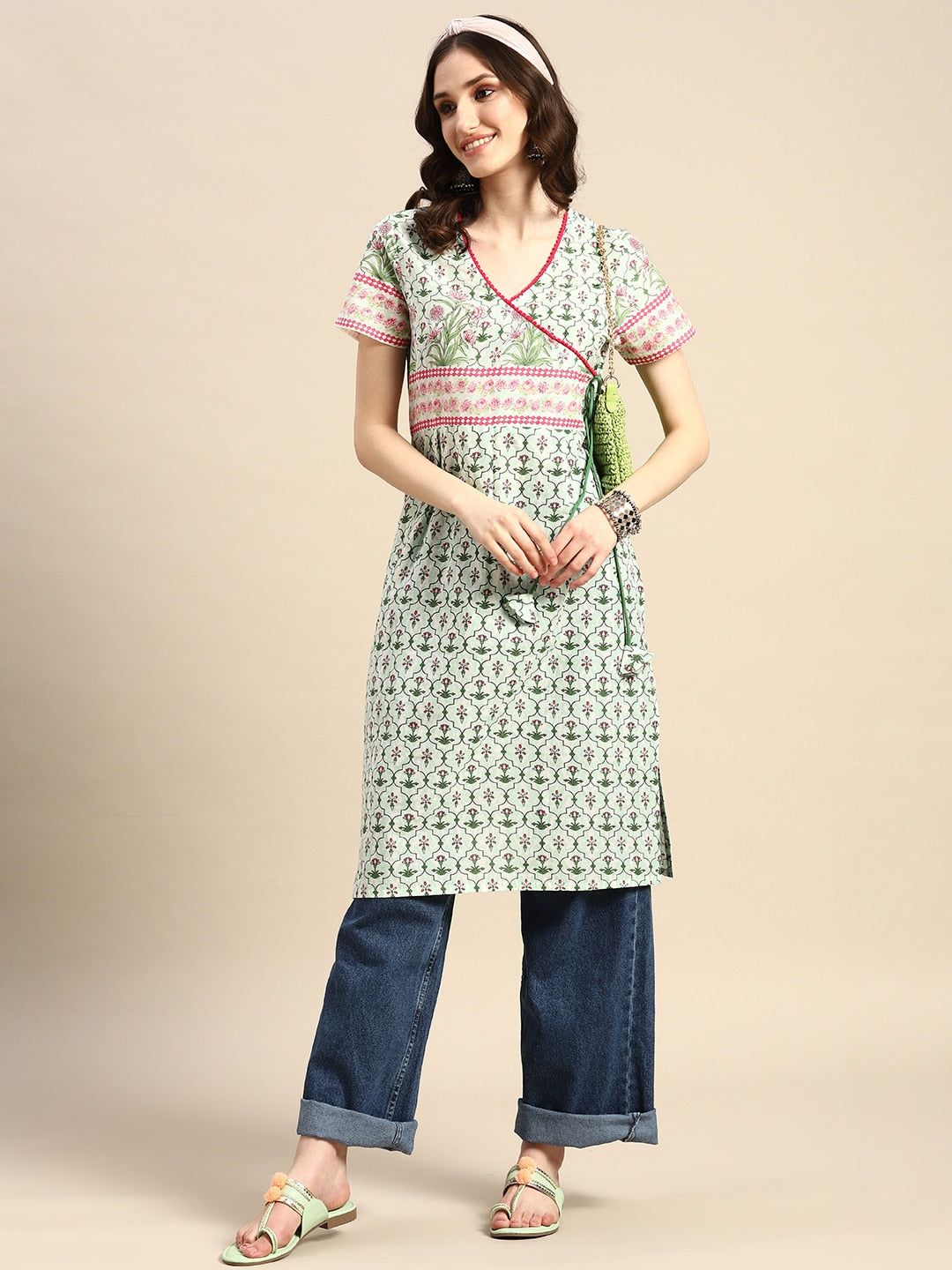 Sangria Pure Cotton Ethnic Motifs Printed Angrakha Kurta - Distacart