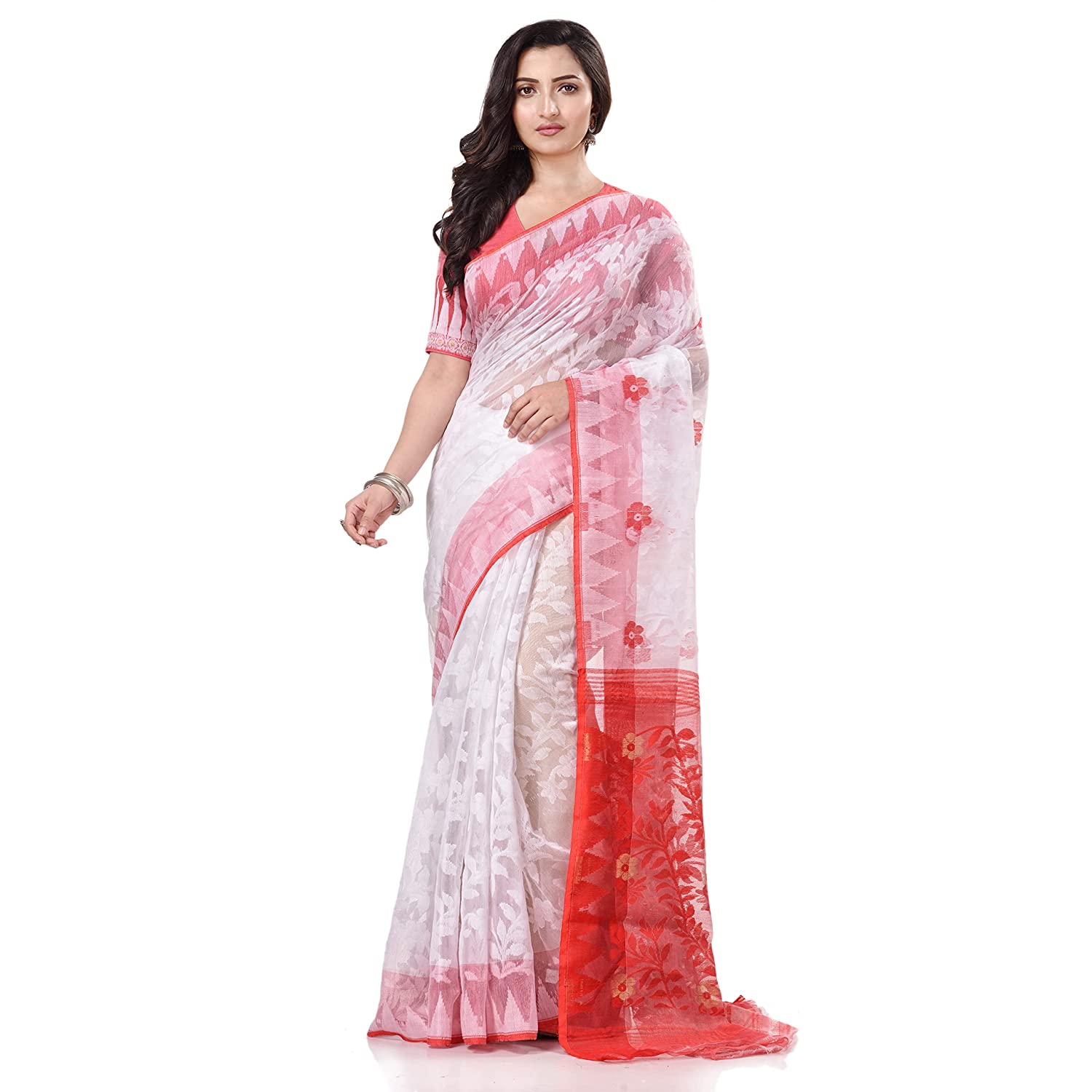 Desh Bidesh Women's Bengal Handloom Soft Dhakai Jamdani Cotton Saree Whole Body Design Without Blouse Piece (White Red) - Distacart