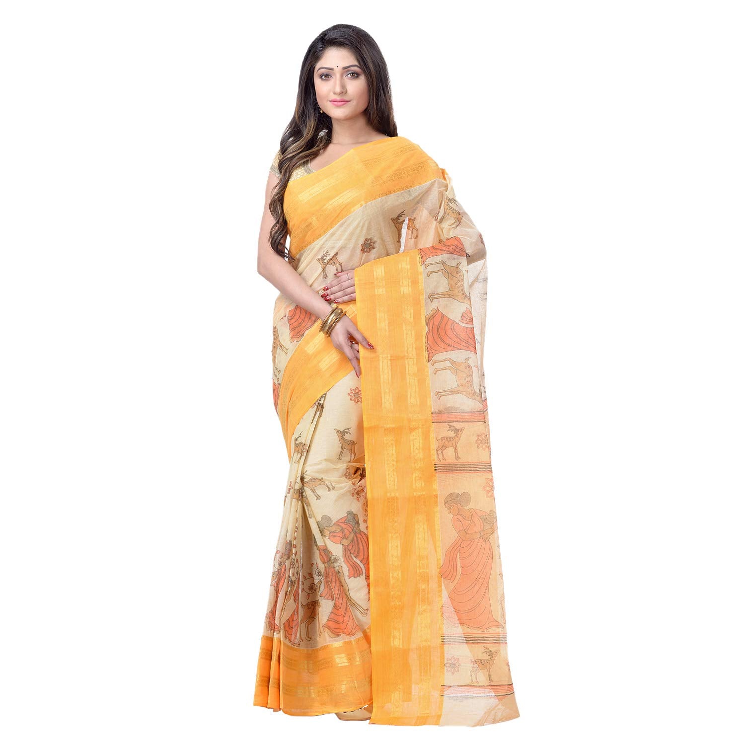 Desh Bidesh Women's Shakuntala Design Printed Tant Handloom Pure Cotton Saree Without Blouse Piece - Distacart