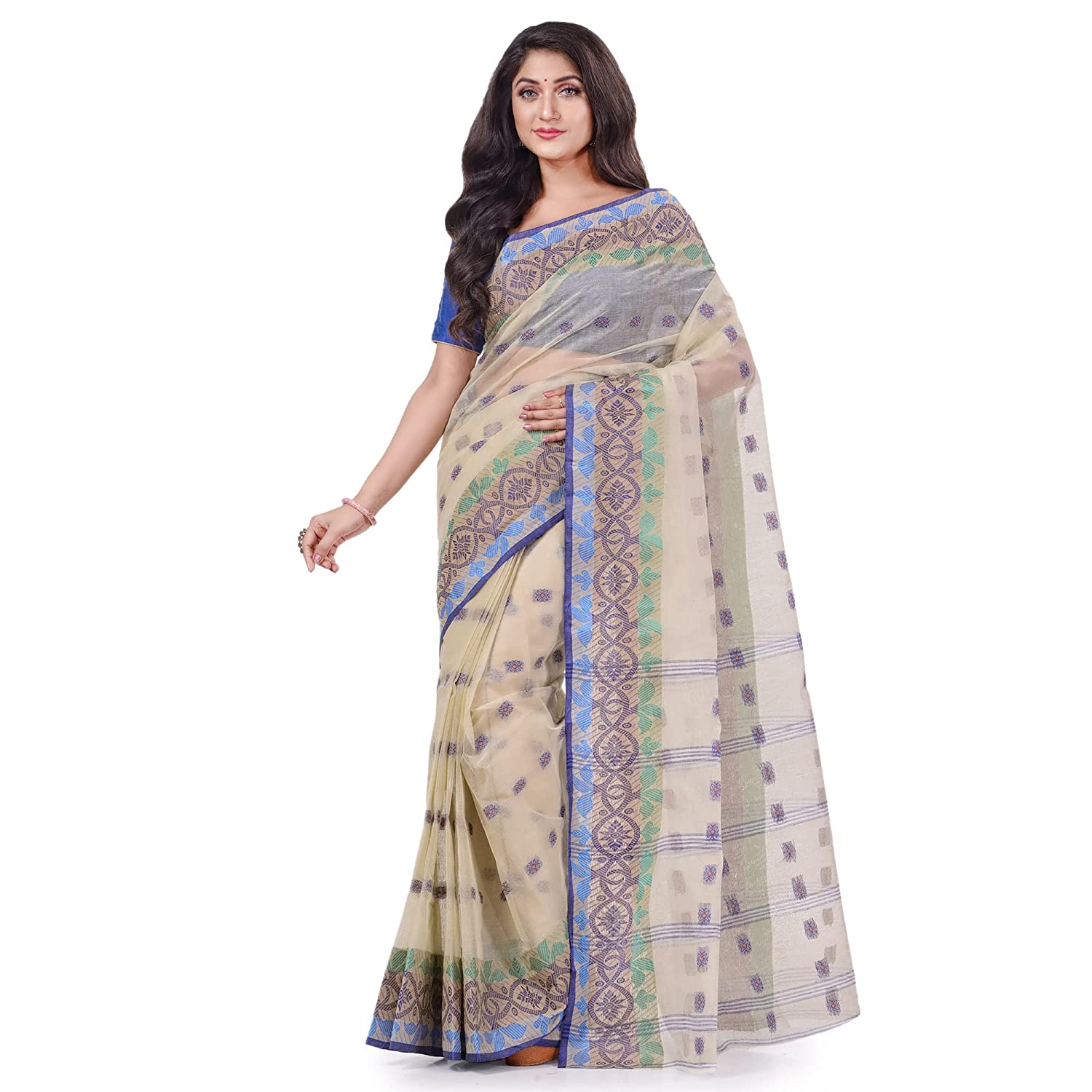 Desh Bidesh Women's Traditional Bengal Tant Tri Leaf Woven Design Pure Handloom Cotton Saree Without Blouse Piece - Distacart