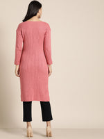 Thumbnail for Sangria Pink Self-Striped Straight Winter Kurta - Distacart