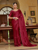 Thumbnail for Mitera Burgundy & Gold-Toned Embellished Mukaish Pure Chiffon Saree - Distacart